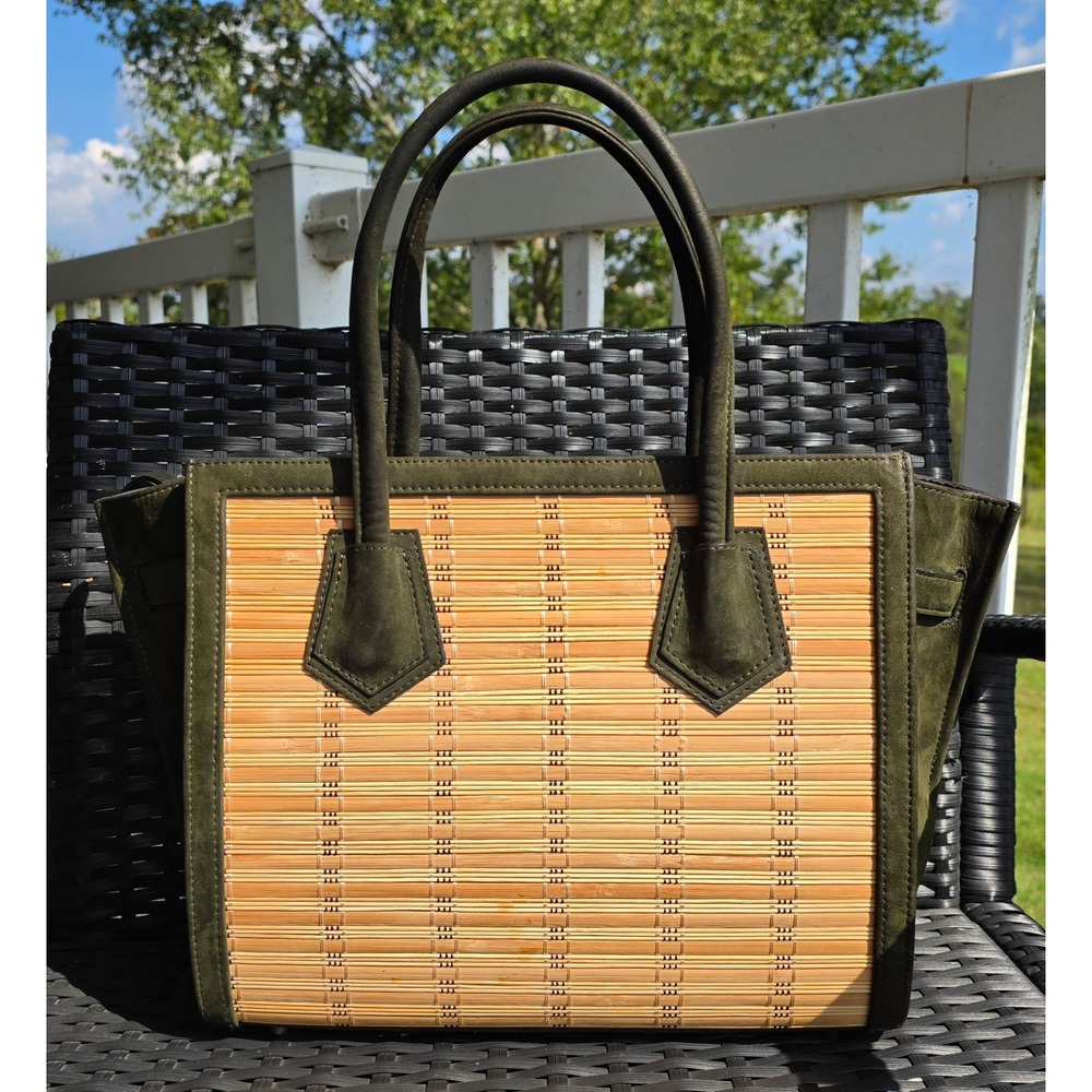 RARE Moroccan Boho Resort Luxury Massilia Green Suede and Bamboo Slat Tote Bag